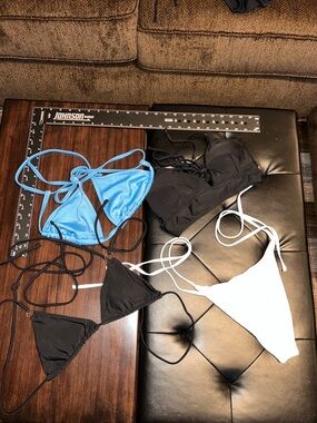Women’s String Bikini Tops - Black, Blue, with white bottoms